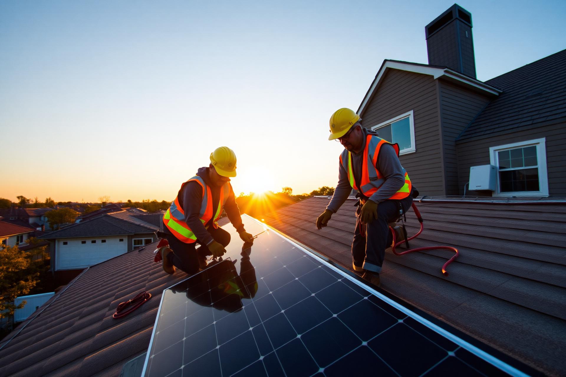 Equipe instalando painéis solares ao pôr do sol